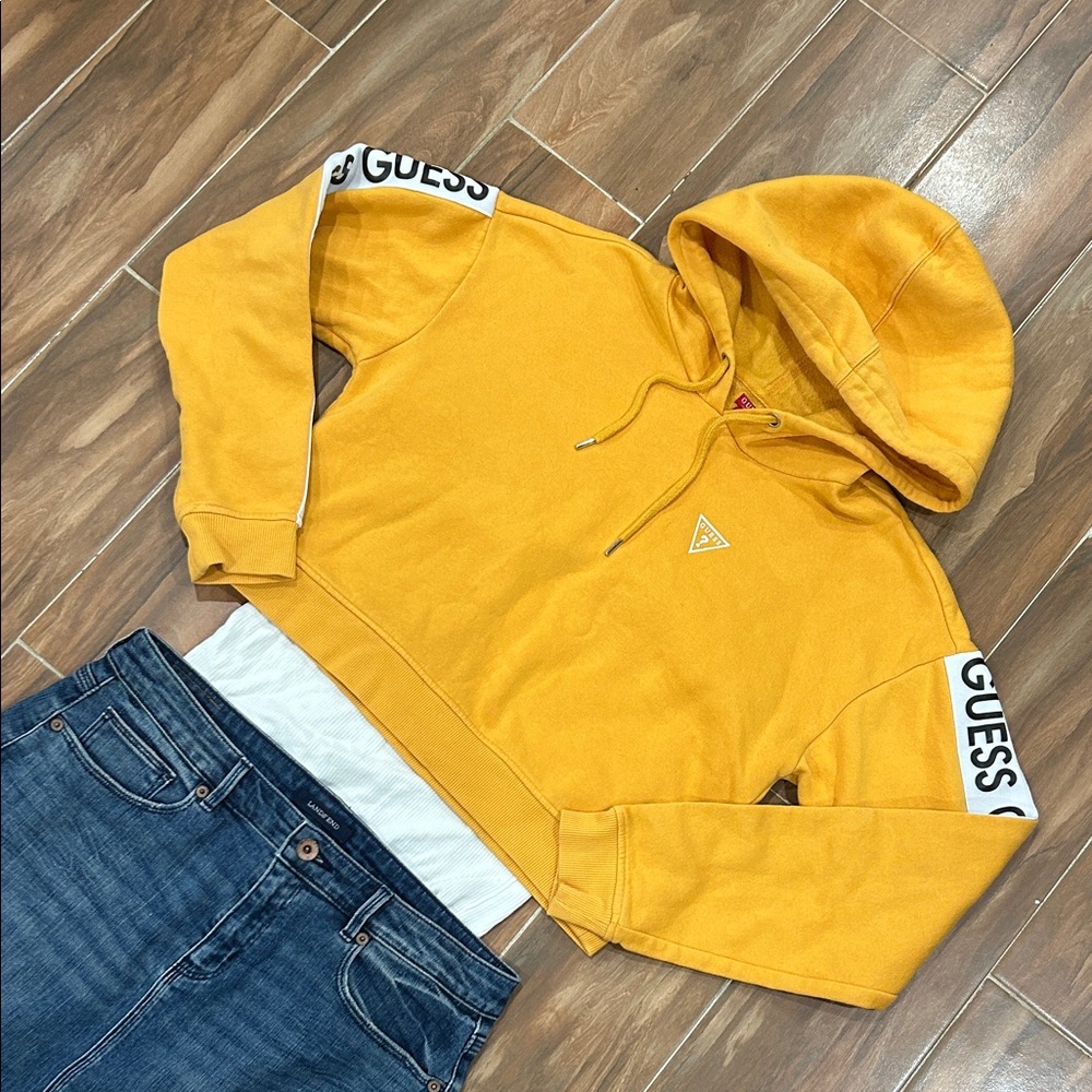 Guess Mustard Cropped Hoodie with Logo Accents